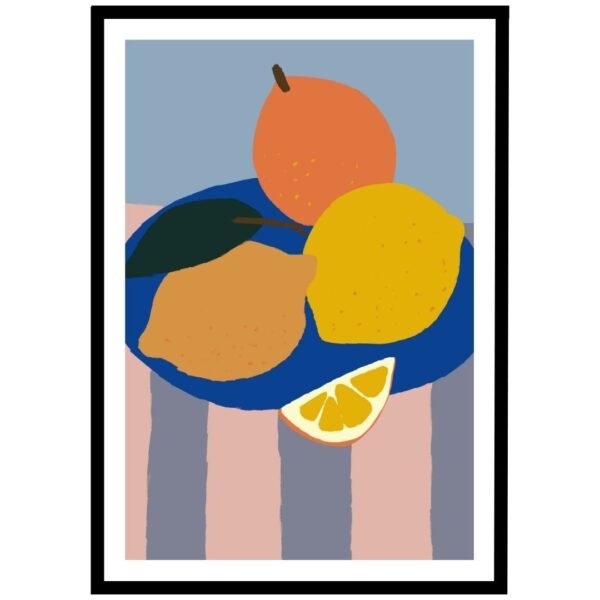 Lemons and oranges in a bowl, colourful fruit poster for kitchen decor.