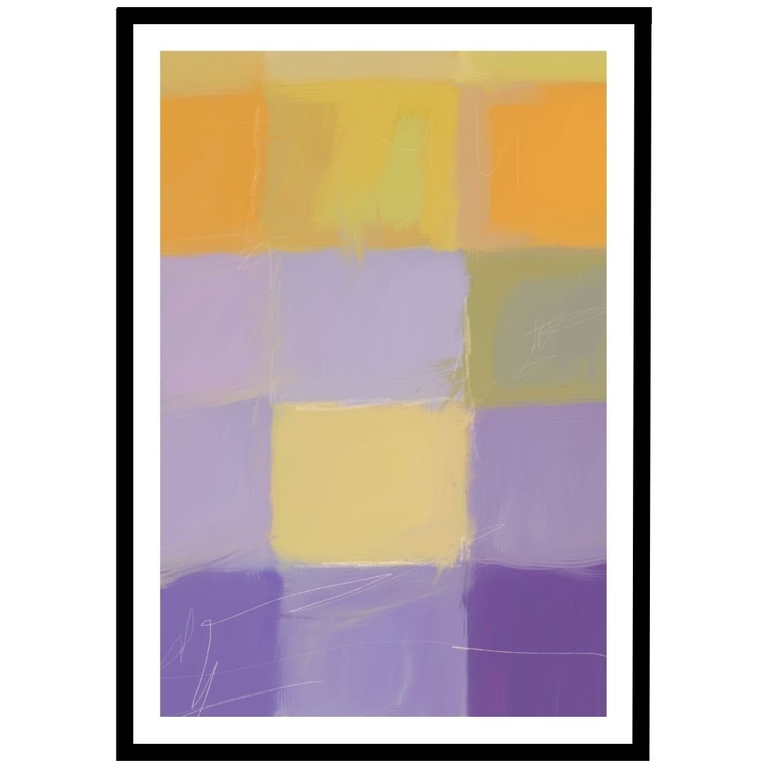 Framed modern abstract art showcasing a grid of orange, purple, and yellow tones displayed on a wall.