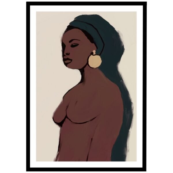 Woman's portrait with headscarf and golden earrings, stylish home decor.