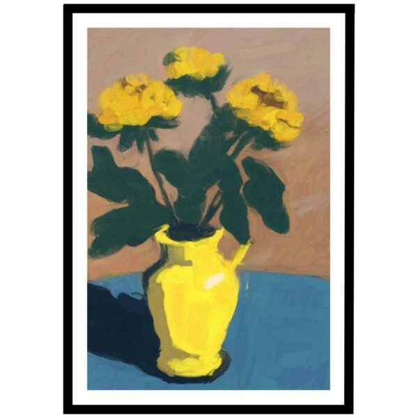 A painting of yellow flowers in a yellow vase on a blue surface.