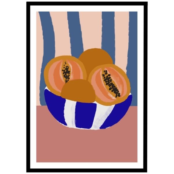 Papayas in a blue and white striped bowl with pink and blue background.