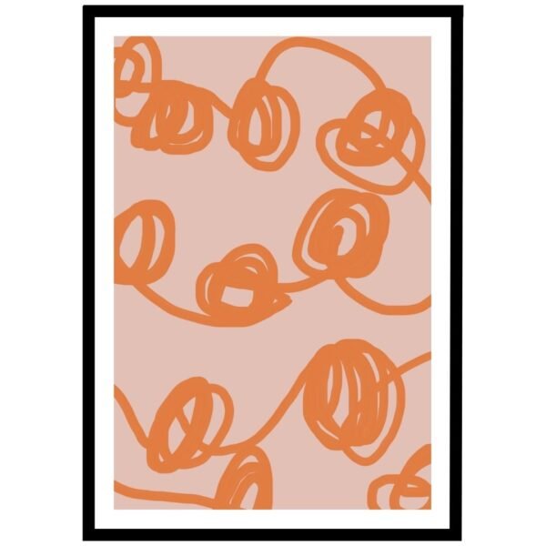 Abstract orange scribbles on a soft pink background, modern playful art.