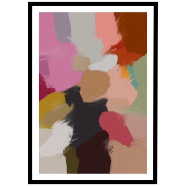 Vibrant abstract art with bold brushstrokes in pink, red, and earthy tones.