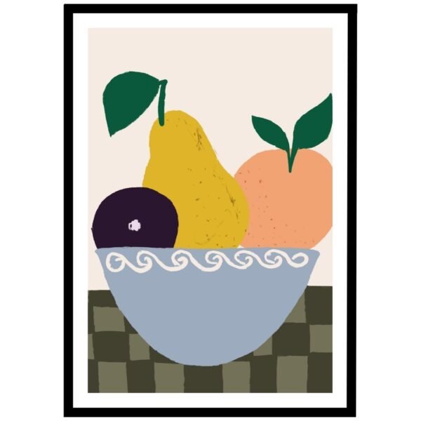 Colourful fruit bowl illustration with pear, plum, and orange on a checkered cloth. perfect for kitchen wall art posters