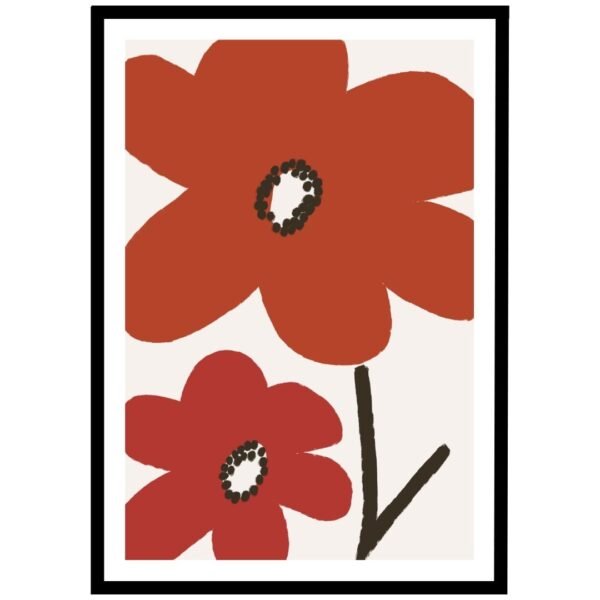 Vibrant red flowers with simple shapes and black details, ideal for contemporary home decor.