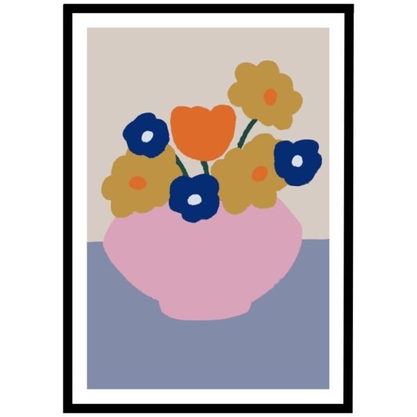 Framed artwork featuring a vase with colorful flowers in a simplistic design.