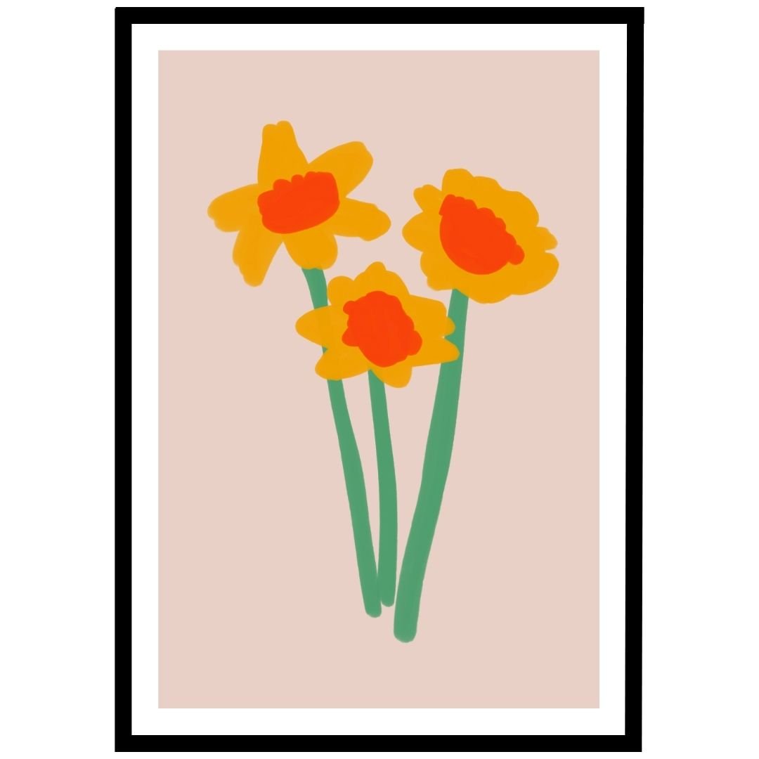 Illustration of three yellow daffodils with orange centers on a light background.