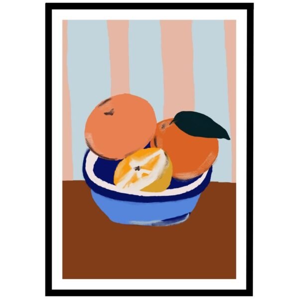 Colourful citrus bowl art featuring ripe oranges and lemons.