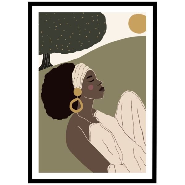 Tranquil sunset woman art, woman lounging under tree with sunset in the background.