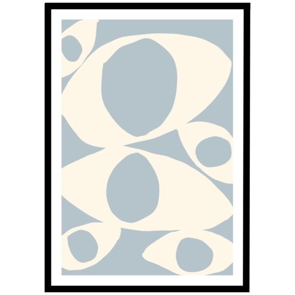 Framed abstract geometric artwork featuring light shapes on a blue background.