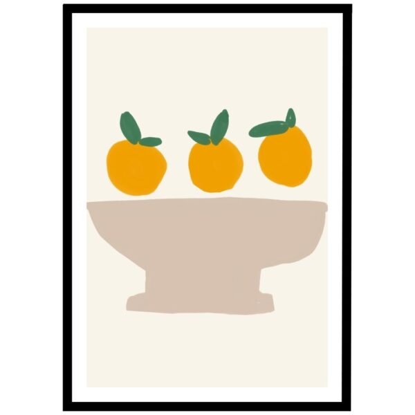 Illustration of three orange fruits in a bowl with green leaves