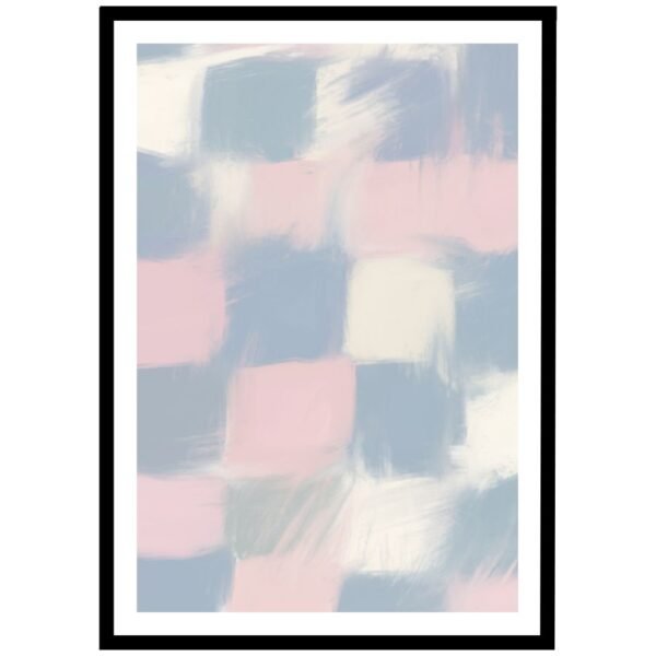 Abstract soft pastel shapes wall art in pink, peach, and mustard.