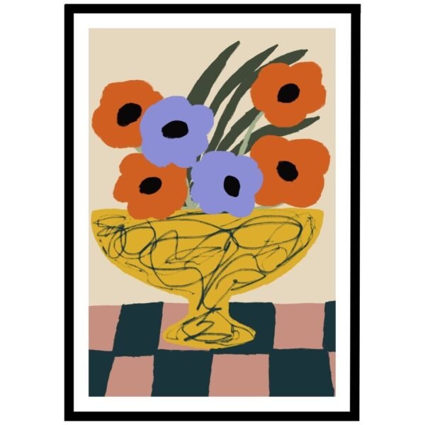 artwork featuring a yellow bowl with orange and purple flowers against a light background.