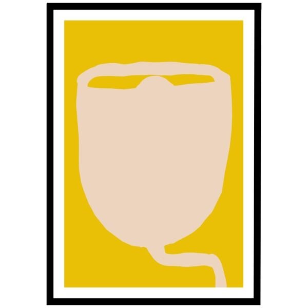 art print featuring a beige shape on a yellow background within a black frame.