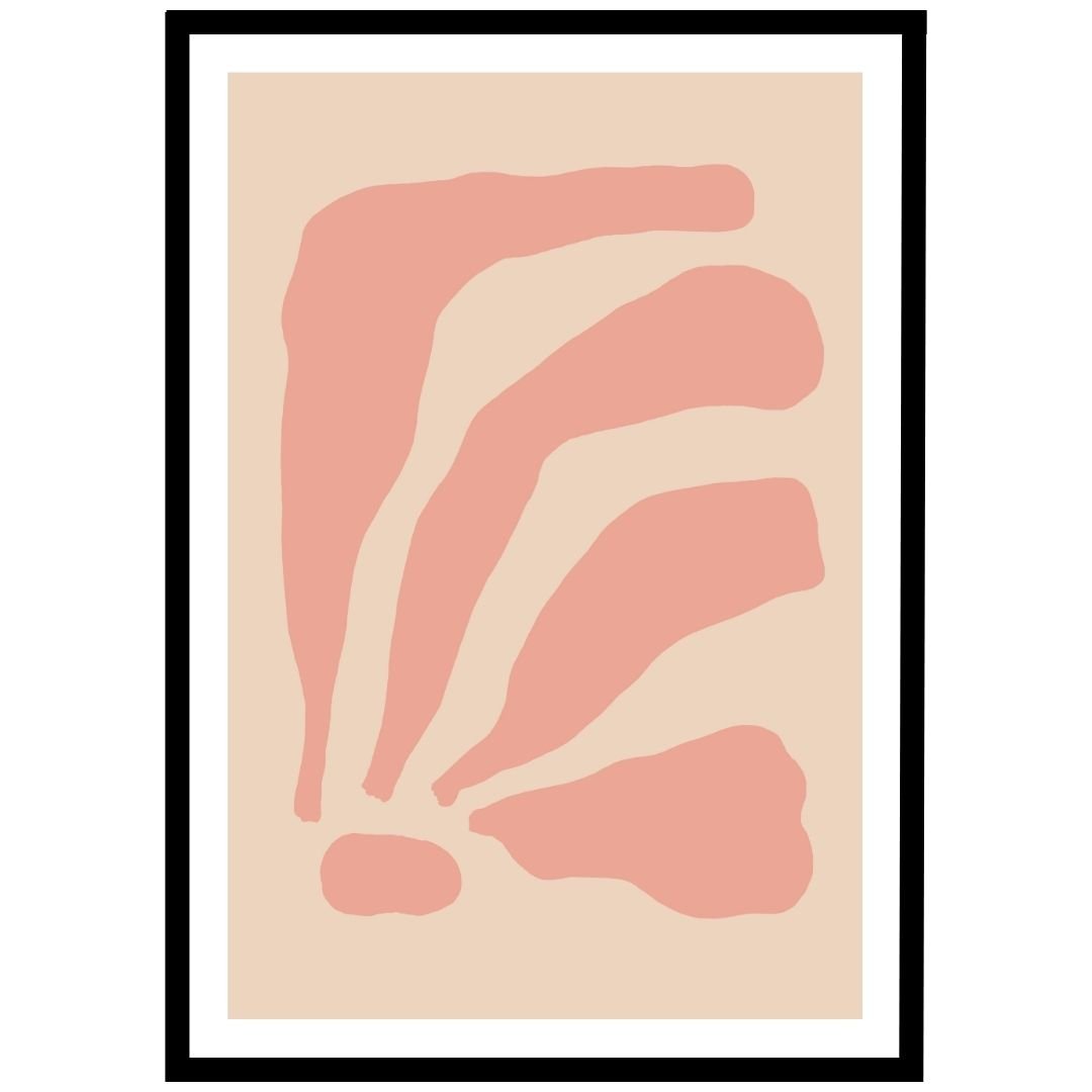 artwork featuring pink shapes on a beige background within a black frame.