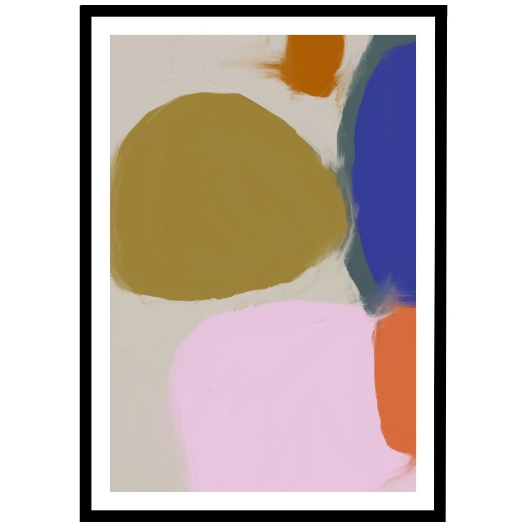 Abstract wall art with earthy shapes and bold blue, orange, and pink colours.