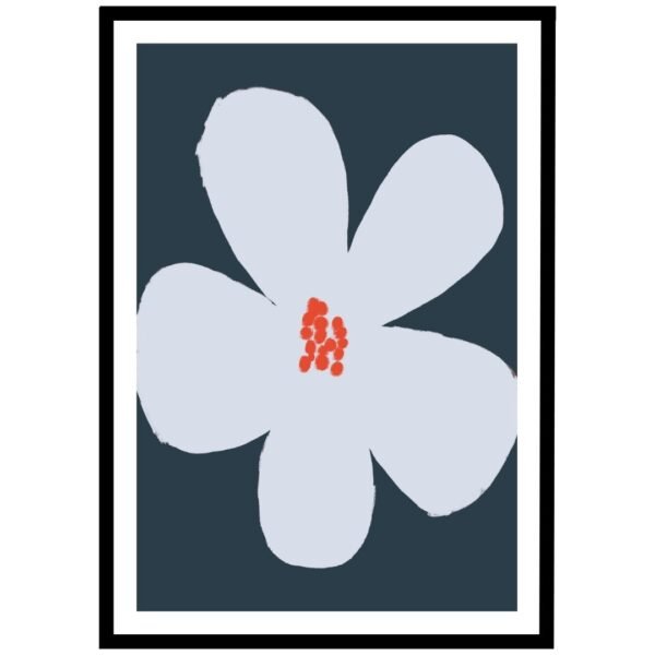 Soft blue flower design with red centre on a dark blue background.