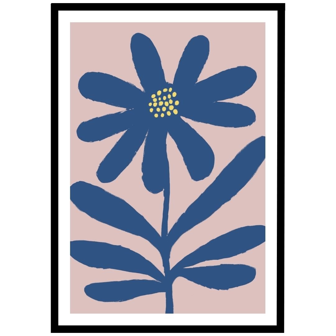 Artwork featuring a blue flower with a pink background and a black frame.