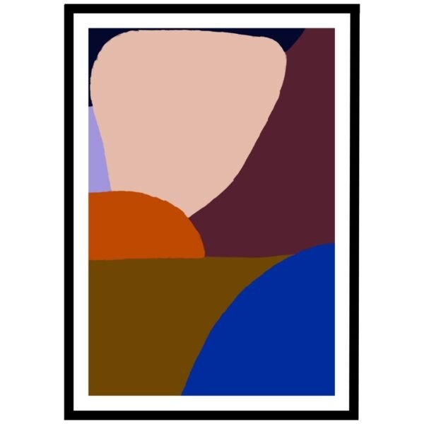 Framed abstract artwork featuring geometric shapes in various colors next to a potted plant.