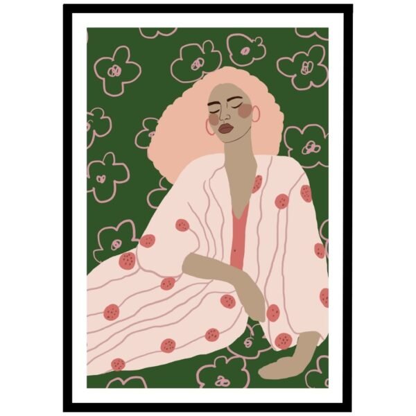 Pink-haired woman in a floral kimono on a green background wall art.