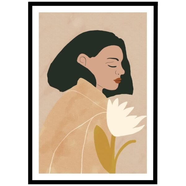 Wall art of a woman holding a white flower on a beige background.