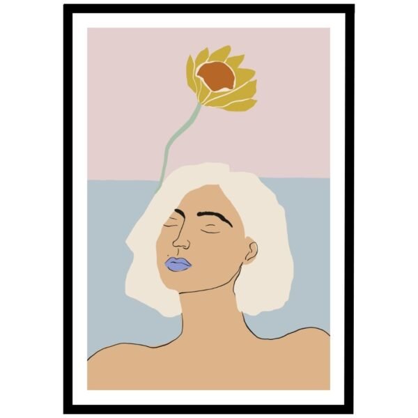 Abstract face with a sunflower on a pink and blue background wall art.