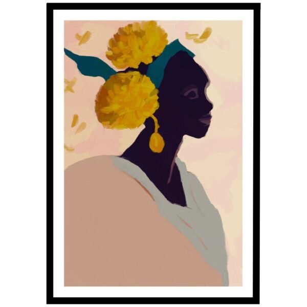 Black silhouette of a woman with yellow flowers in her hair wall art.