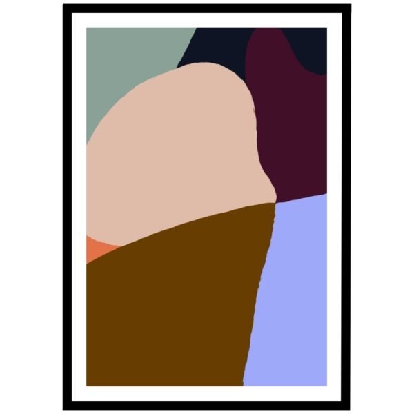 Abstract geometric artwork featuring various shapes in muted colors including brown, blue, and beige.