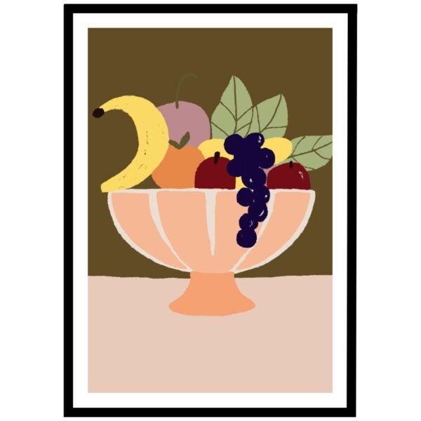 Fruit bowl wall art with bananas, apples, and grapes.