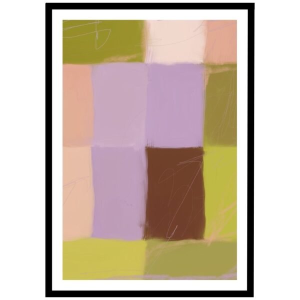 Soft pastel checkered wall art in shades of lavender, green, and brown.