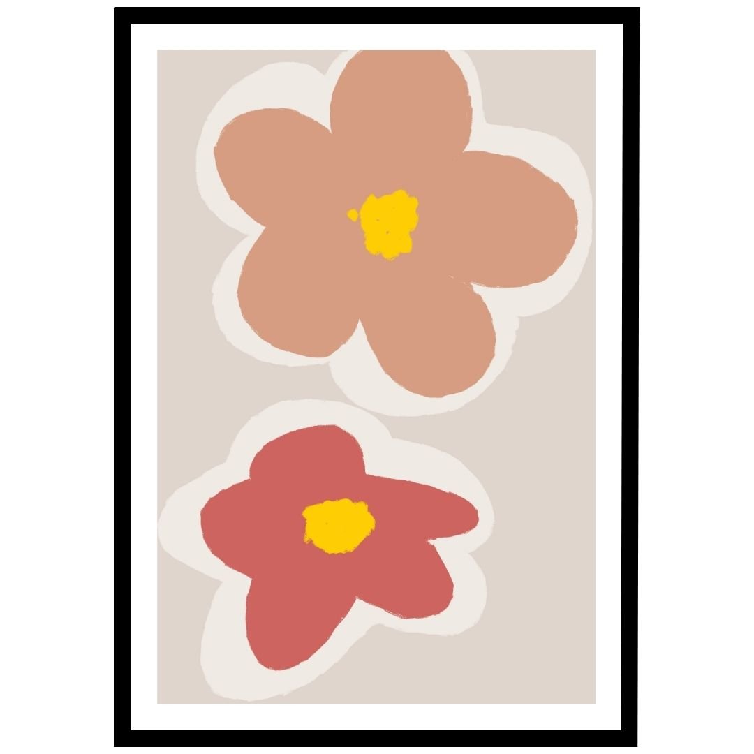 Minimalist floral wall art with soft pink flowers on a beige background.