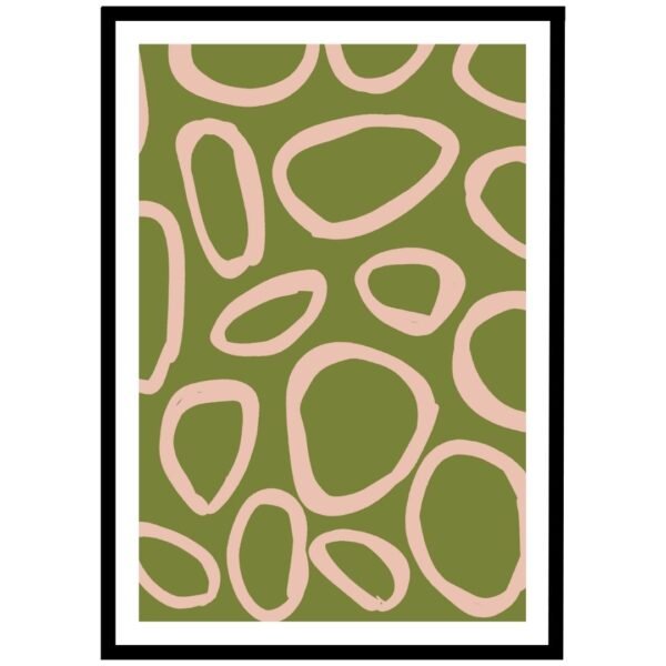 Modern wall art with pink ovals on an olive green background.