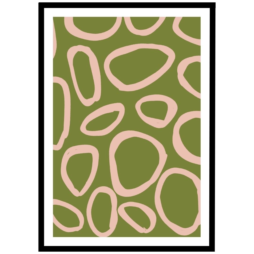Modern wall art with pink ovals on an olive green background.