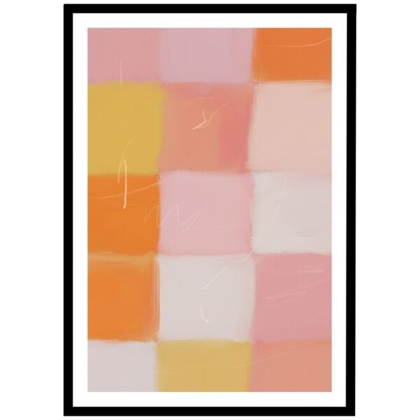 Abstract checkerboard wall art in soft pastel shades of pink, orange, and yellow.