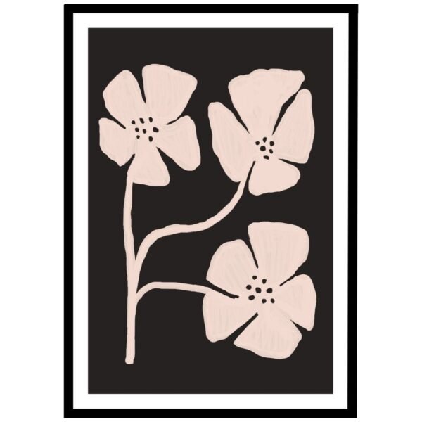 Minimalist flowers in soft pink tones and black background in black frame