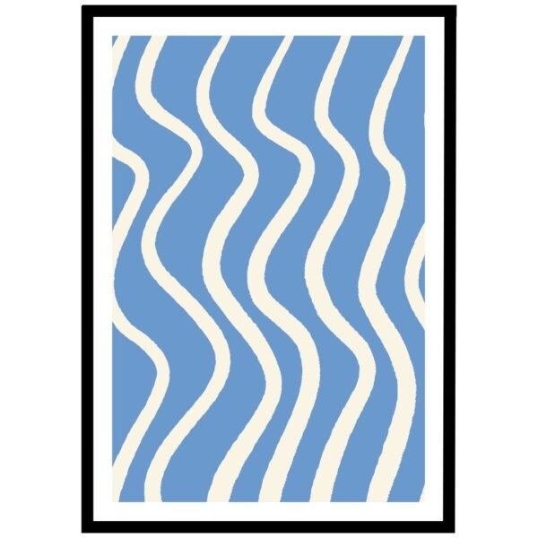 Abstract wall art print with wavy white lines over a blue background in a minimalist style.
