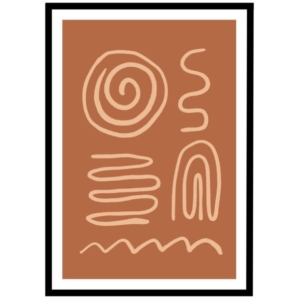 Terracotta abstract wall art print with beige line drawings of spirals, arches, and geometric shapes.
