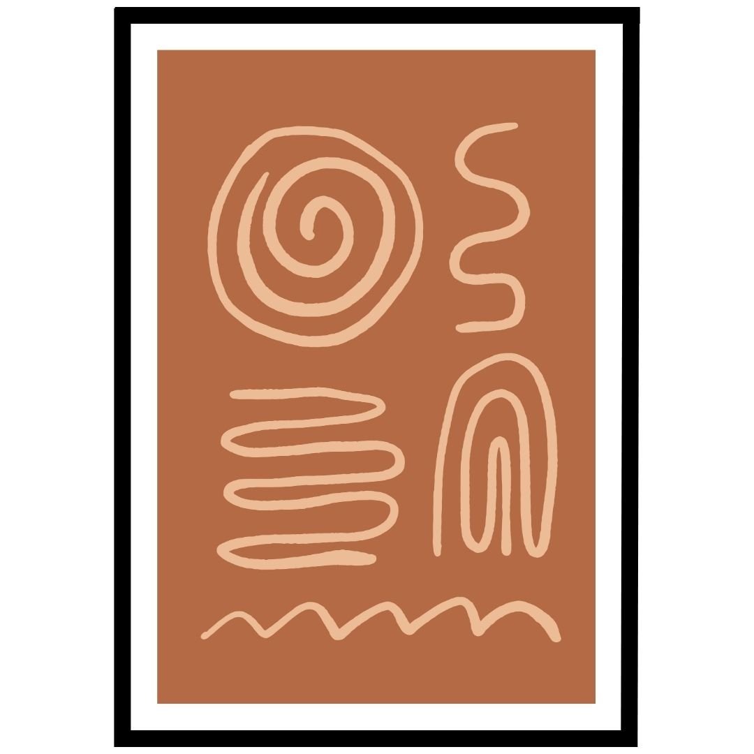 Terracotta abstract wall art print with beige line drawings of spirals, arches, and geometric shapes.