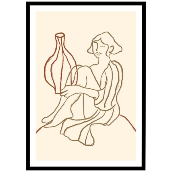 Minimalist line drawing of a woman with a vase, evoking timeless elegance