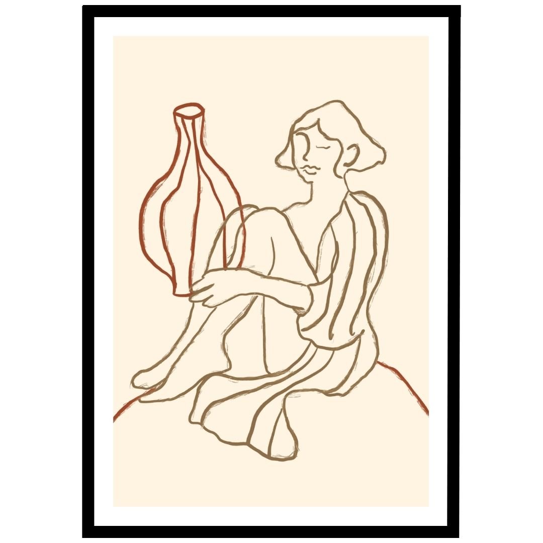 Minimalist line drawing of a woman with a vase, evoking timeless elegance