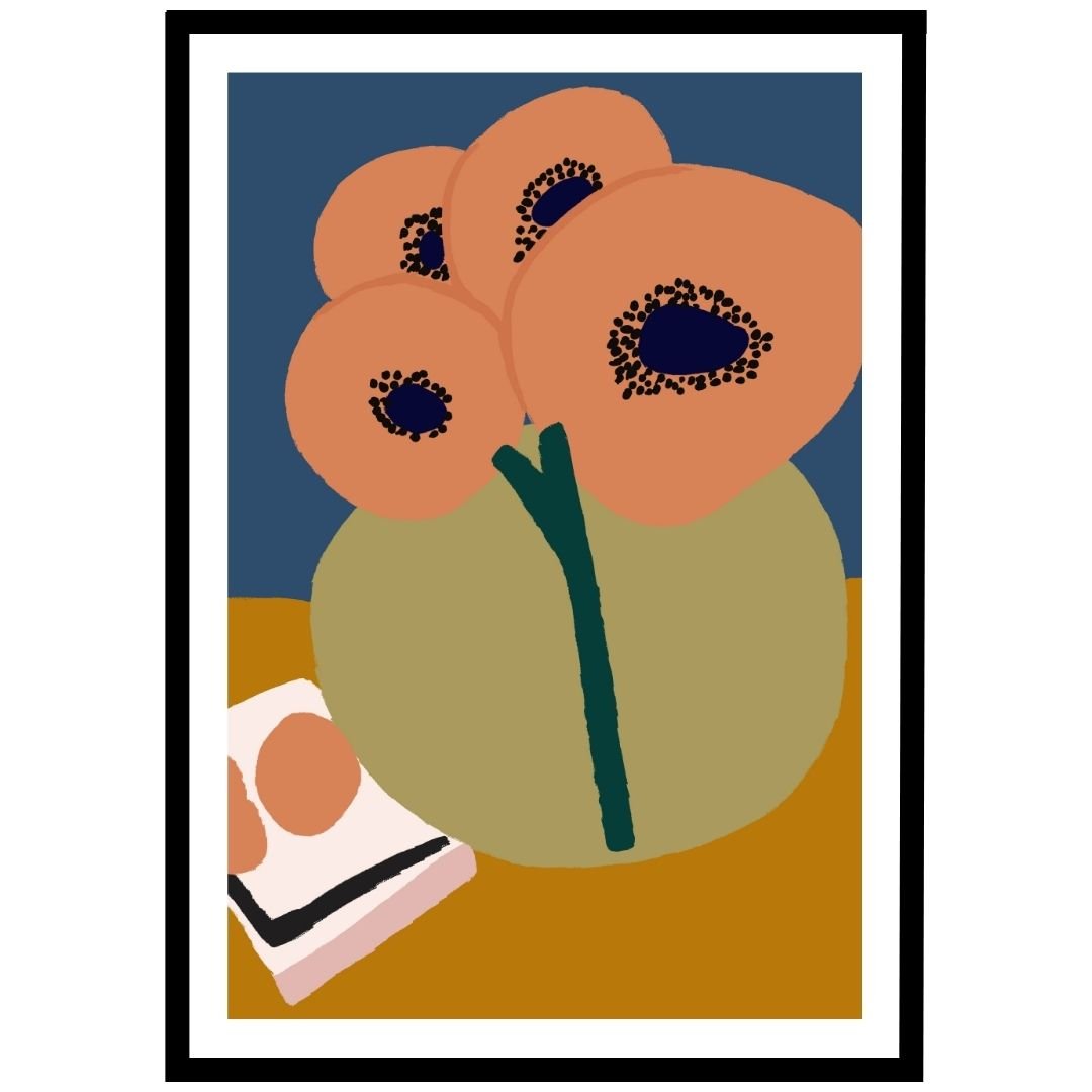 Colourful abstract floral artwork with orange flowers and blue backdrop, perfect for contemporary decor