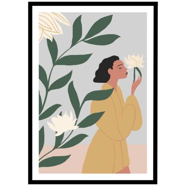 Woman with a white flower in hand surrounded by green leaves, minimalist floral art print.