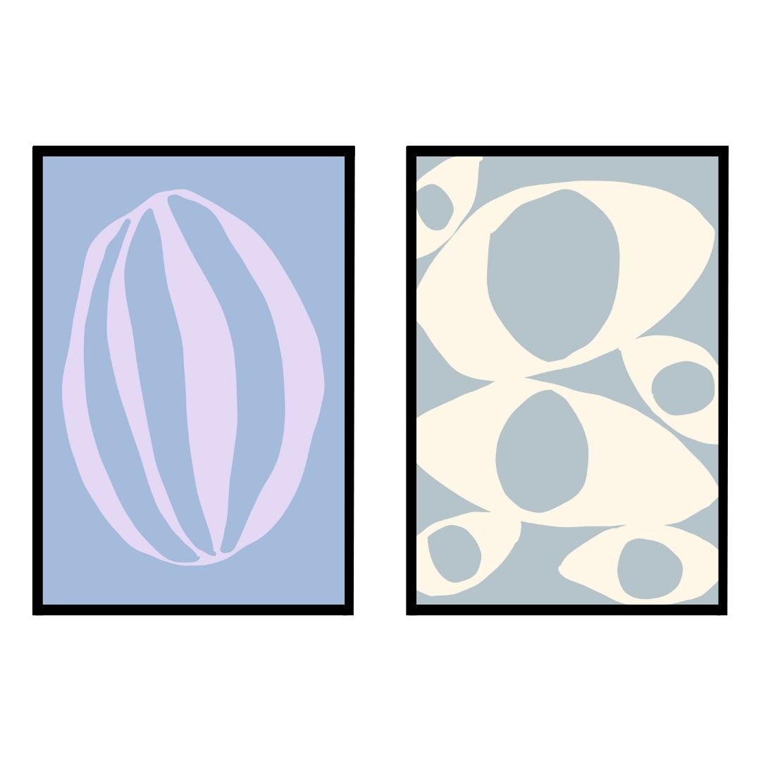 Two abstract art prints featuring shapes in pastel colors on a blue background.