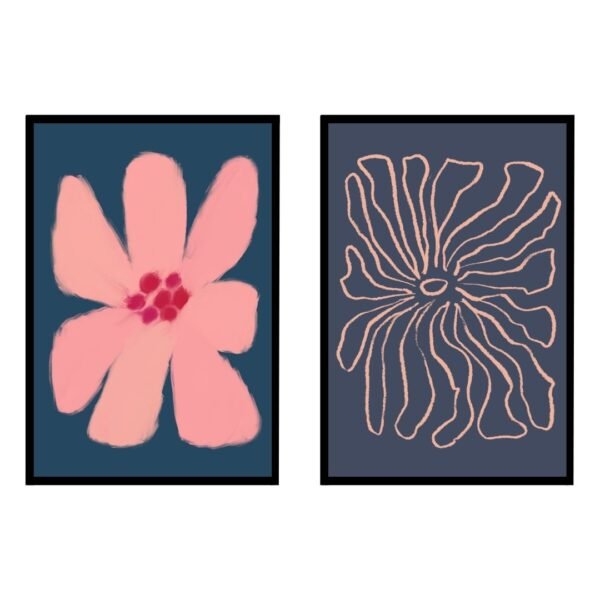 set of two Artwork featuring a pink flower on a dark blue background alongside a line drawing of a flower.