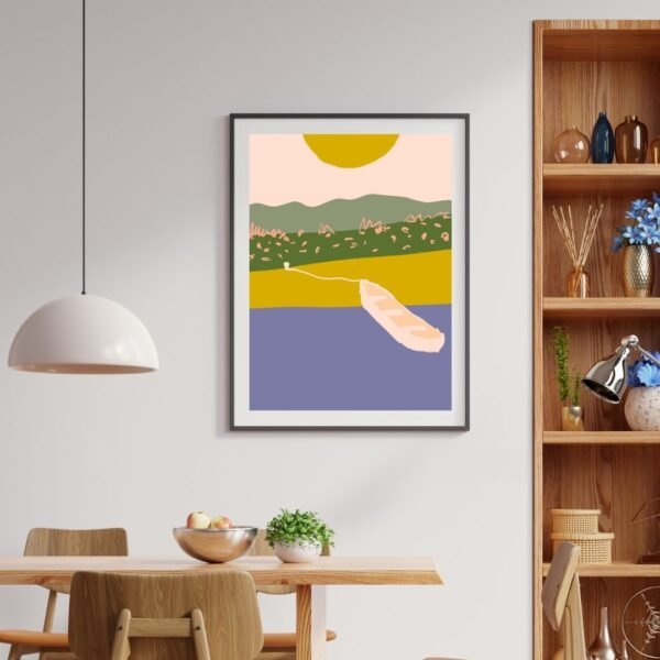 Serene river and boat minimalist art poster for wall decor