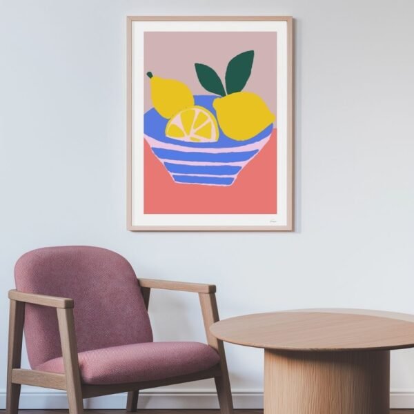 Art print featuring a bowl with lemons and leaves against a colorful background.