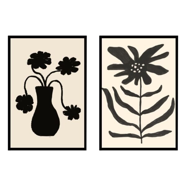 Two black and white floral art prints featuring a vase with flowers and a flower stem design.