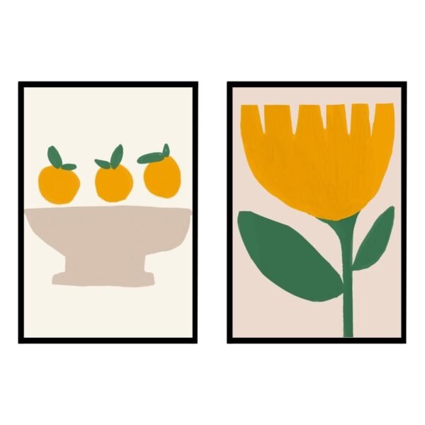Two art prints featuring three oranges in a bowl and a yellow flower with green leaves.