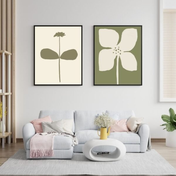 Set of two modern abstract floral wall art prints in soft tones.