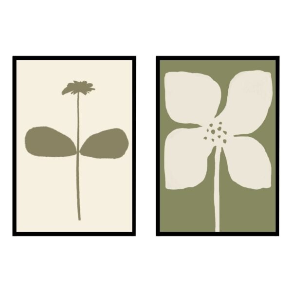 Two framed art prints featuring abstract flower designs in muted colors.
